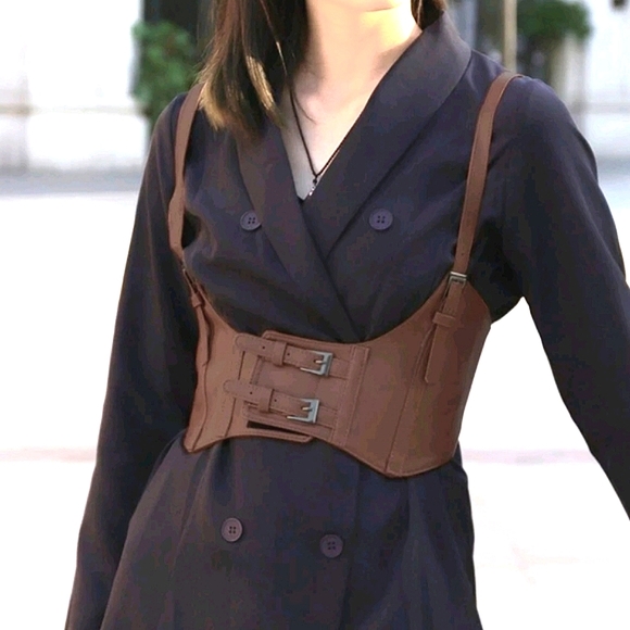 Brown wide waist belt faux leather corset harness buckle suspenders steampunk - Picture 5 of 16